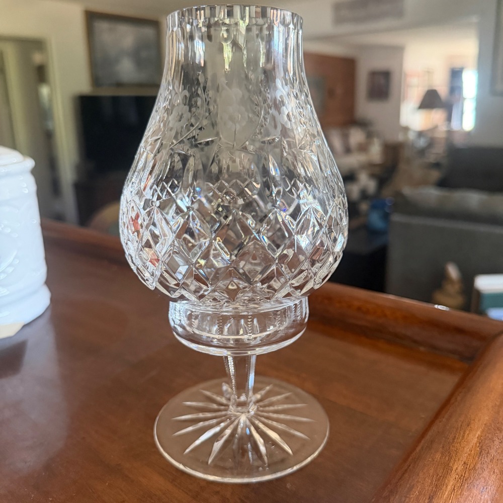 Vintage Crystal Hurricane Candle Holder Etched Floral Diamond 2 Piece Clear 7.5" - Picture 10 of 16